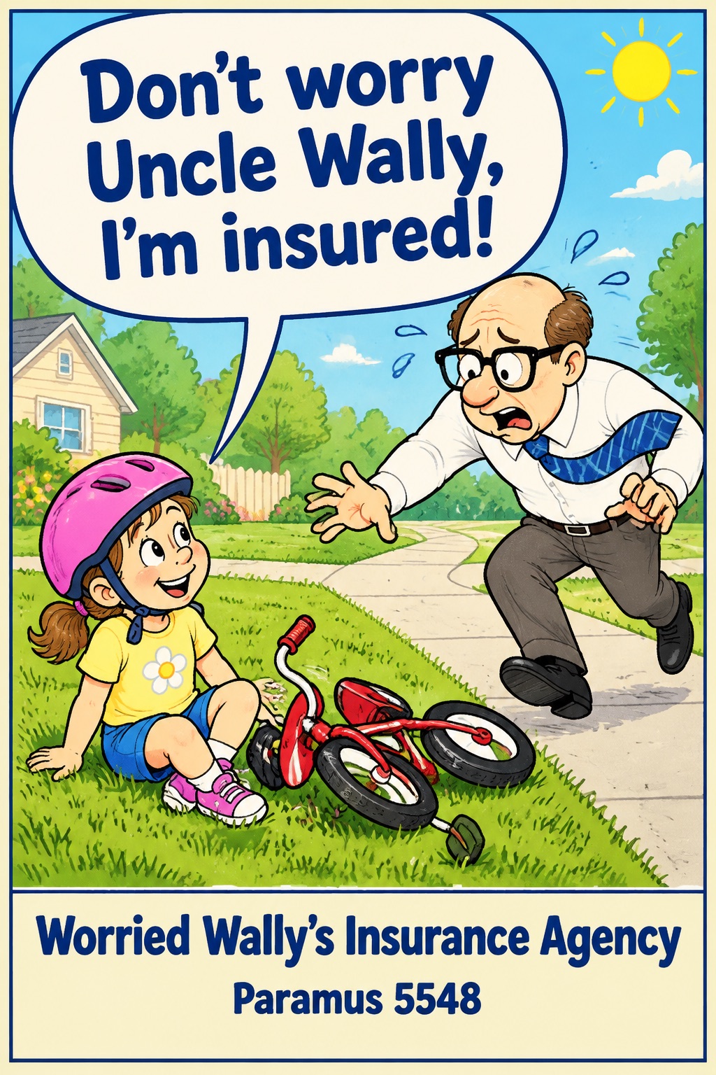 Poster: a girl with a bike helmet sits on the lawn next to her toppled bicycle and tells a frantic Wally, 'Don't worry Uncle Wally, I'm insured!' Worried Wally's Insurance Agency, Paramus 5548