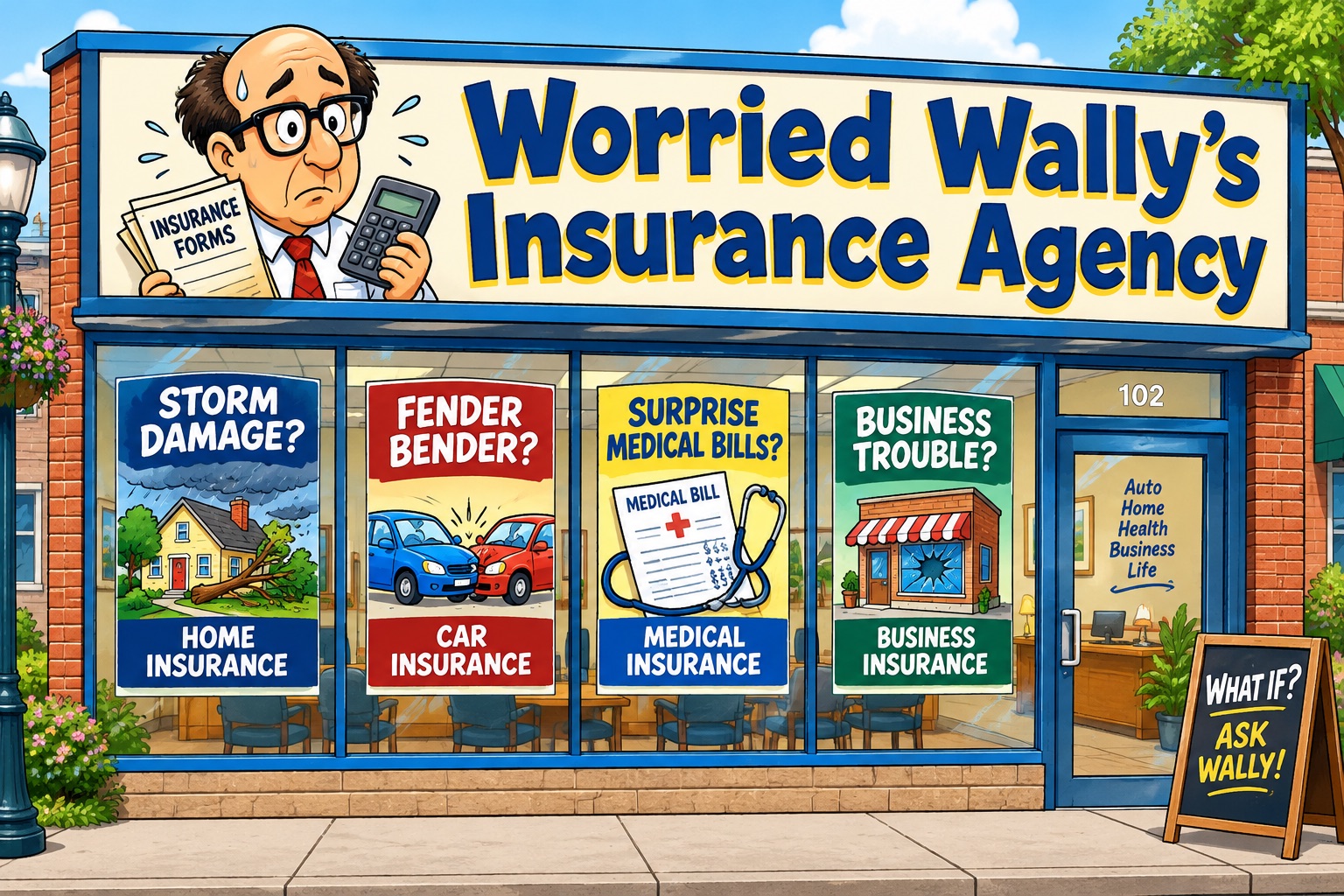 Cartoon storefront of Worried Wally's Insurance Agency, with Wally sweating over a calculator above the sign